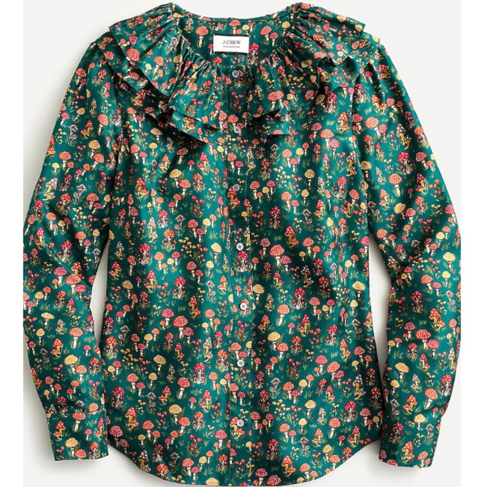 J. Crew Collection silk-twill ruffle-collar top in mushroom floral BNWT sz. M
